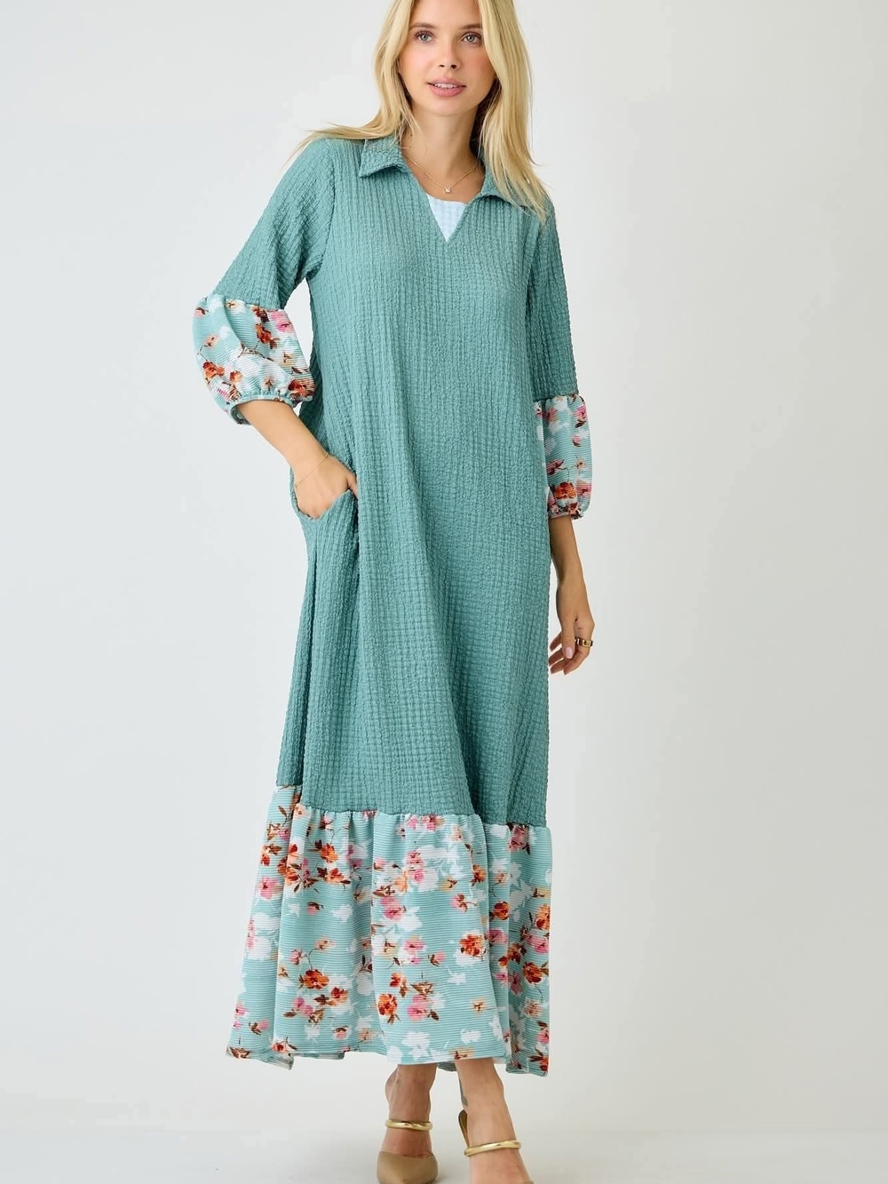 Celeste Seafoam Green Maxi Dress with Floral Trim